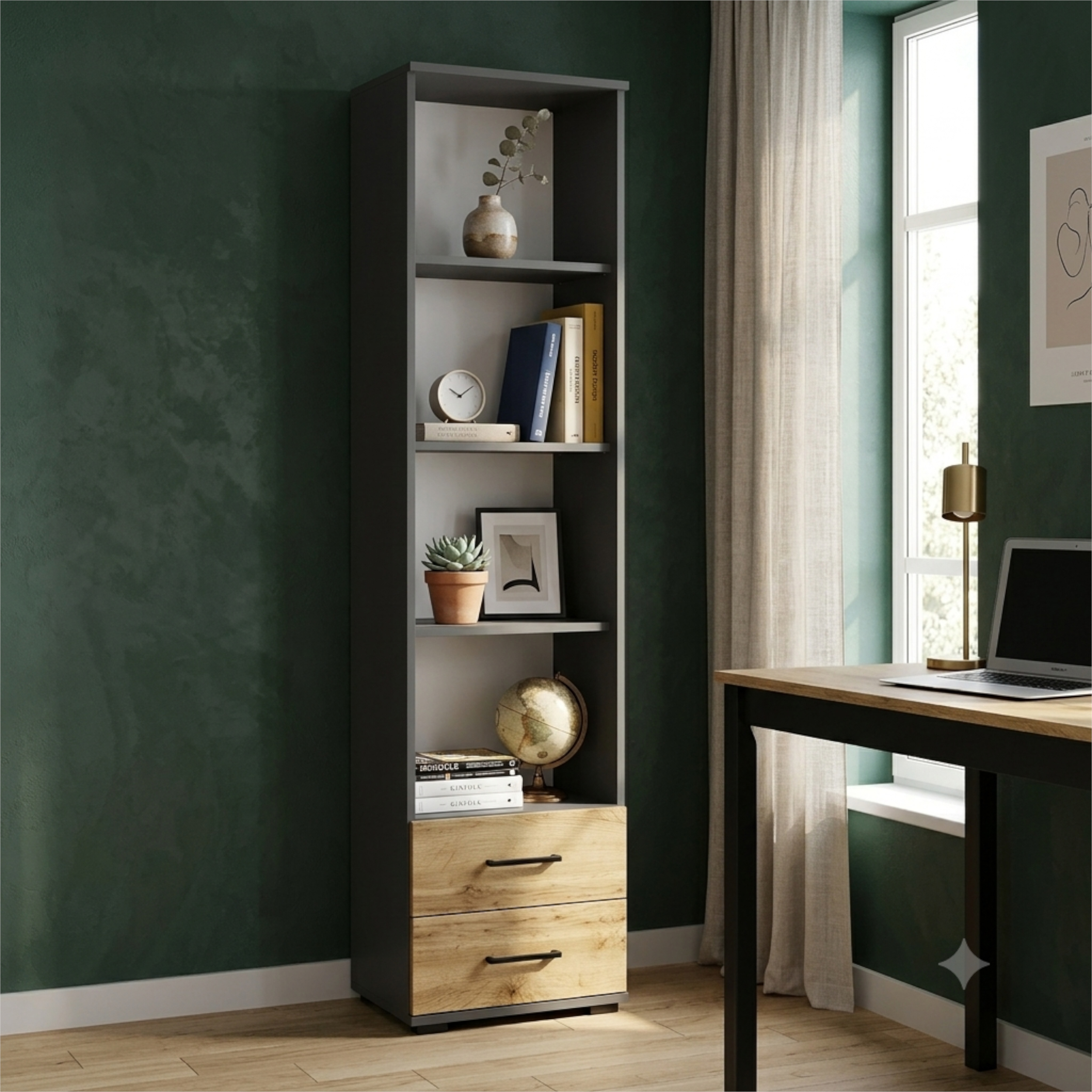 XMEBSKRREGMC00401201_01-2.jpg FAUSKE Shelf - 2 Drawers - Oak - Gray - Width 40 cm, Height 180 cm, Depth 34 cm - Image 1