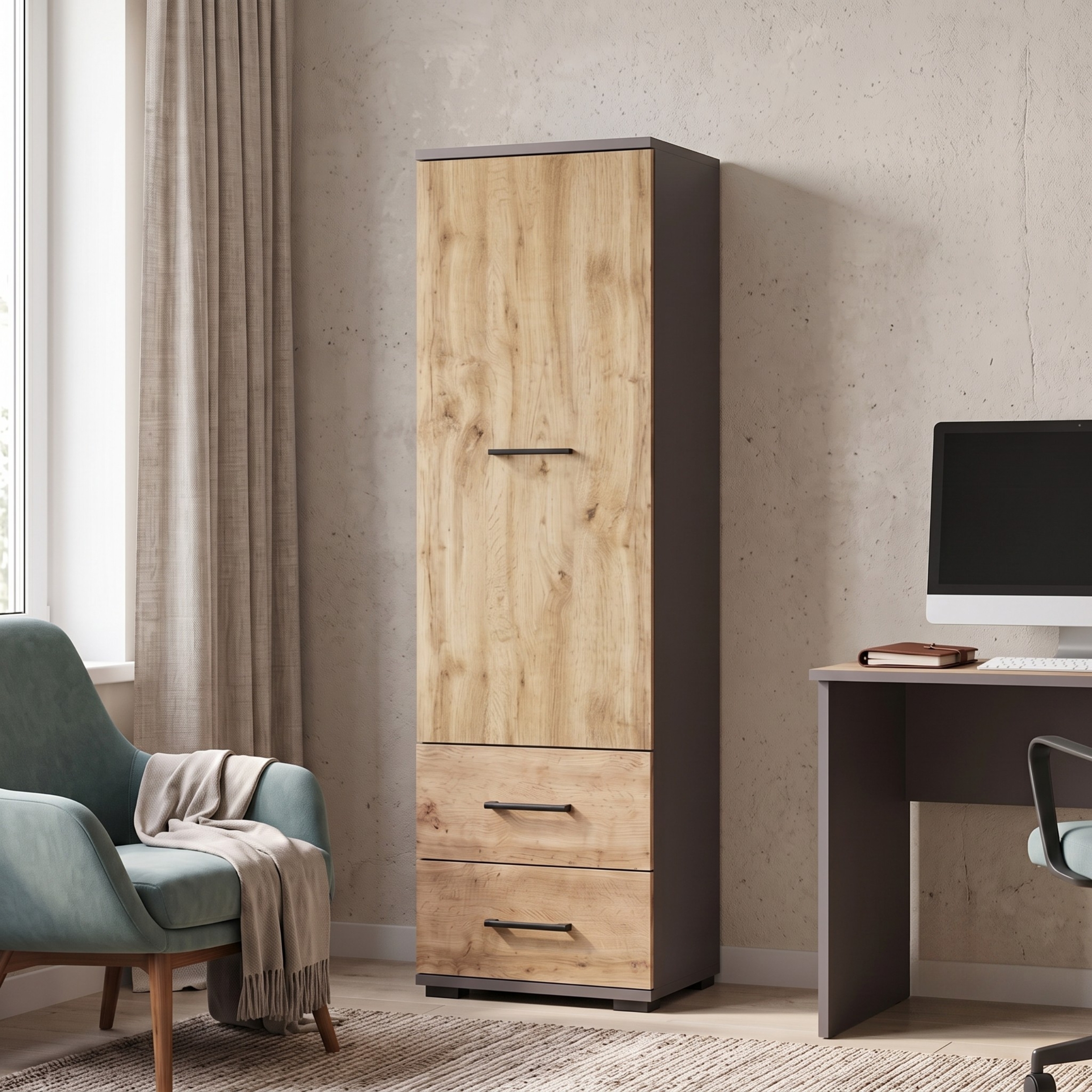 XMEBSKRSZFMC00101202_01-2.jpg FAUSKE Wardrobe - 2 Drawers - Oak - Gray - Width 40 cm, Height 130 cm, Depth 36 cm - Image 1