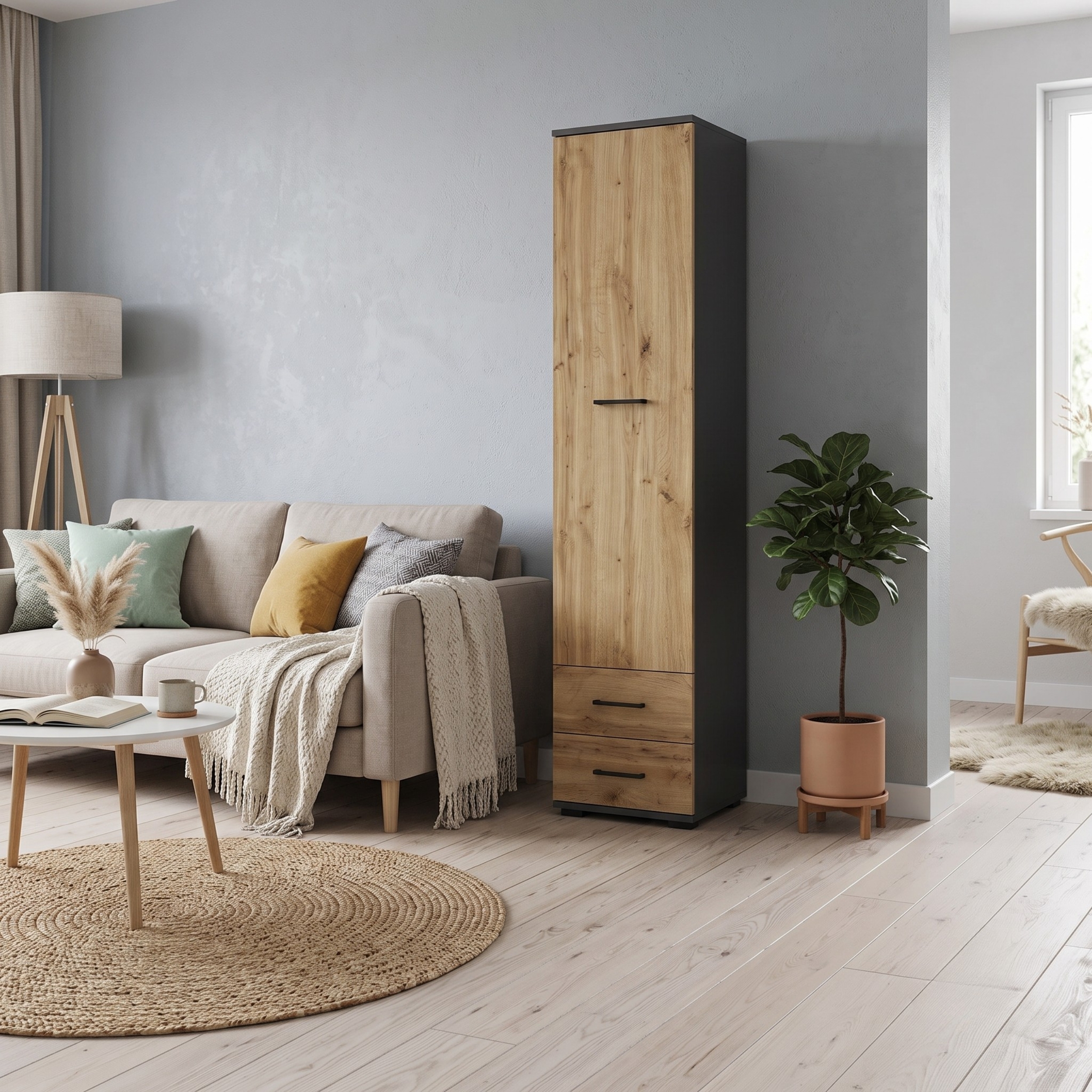 XMEBSKRSZFMC00301202_01-2.jpg FAUSKE Wardrobe - 2 Drawers - Oak - Gray - Width 40 cm, Height 180 cm, Depth 36 cm - Image 1