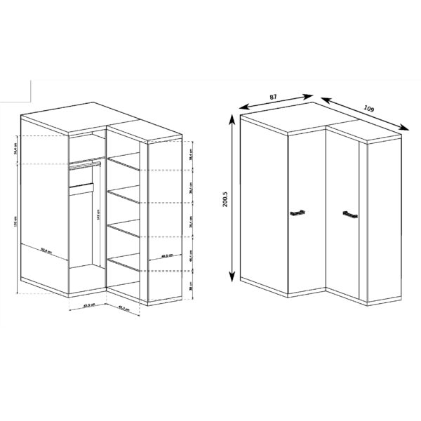 Corner Wardrobe BALESTRAND - Oak - Clothes Rod - 109 x 201 x 54 cm - Image 2