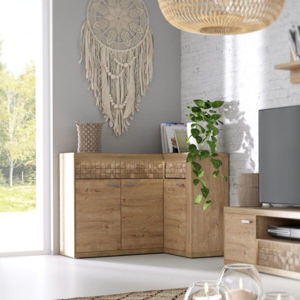 Corner Commode BALESTRAND - Oak - Drawers - Decorative Front - 132 x 99 x 41 cm - Image 2