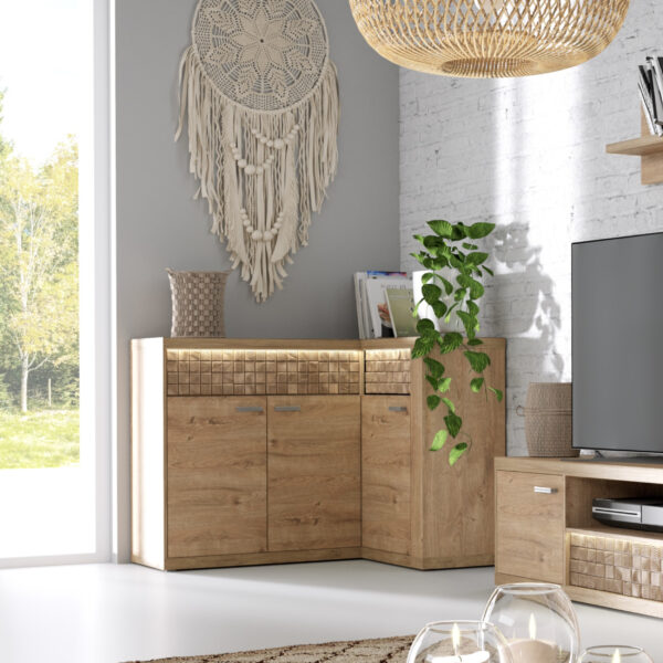 Corner Commode BALESTRAND - Oak - Drawers - Decorative Front - Backlit Top - 132 x 99 x 41 cm - Image 2