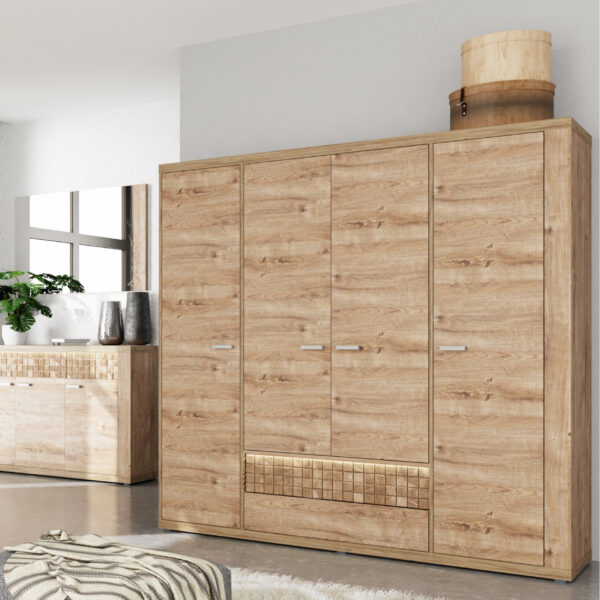 Bedroom Wardrobe BALESTRAND - Oak - Clothing Rail - Decorative Front - 196 x 201 x 58 cm - Image 2
