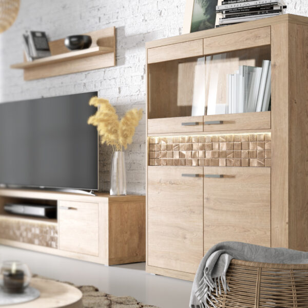 Display Cabinet BALESTRAND - Oak - Drawer - Lighting - 102 x 160 x 41 cm - Image 2