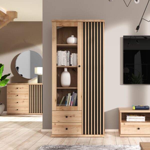 Standing Display Cabinet NAKUSP - Oak - Slats - Drawers - 87 x 191 x 41 cm - Image 2