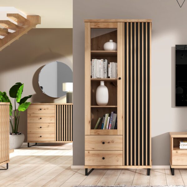 Display Cabinet NAKUSP - Oak - Slats - Drawers - Lighting - 87 x 191 x 41 cm - Image 2