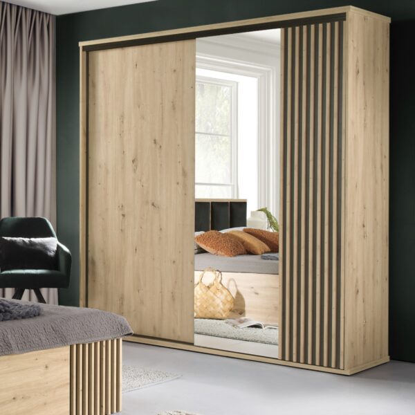 Large Wardrobe NAKUSP - Oak - Slats - Mirror - Opening - 150 x 213 x 60 cm - Image 2