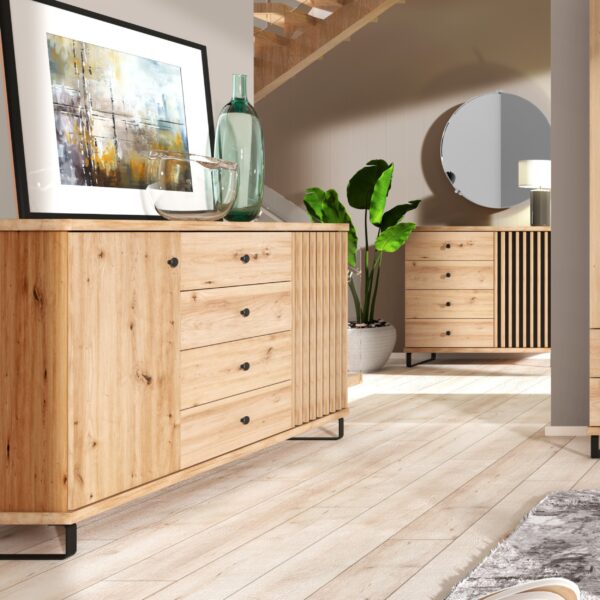 Commode NASKUP - Oak - Slats - Drawers - Metal Legs - 143 x 86 x 41 cm - Image 2