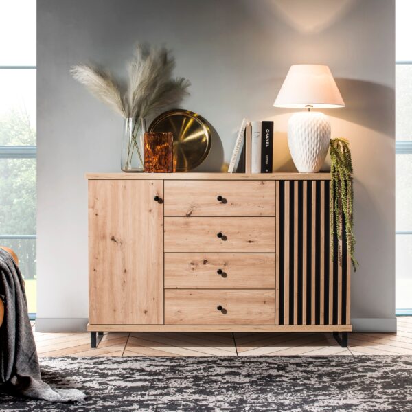 Commode NASKUP - Oak - Slats - Drawers - Metal Legs - 102 x 86 x 41 cm - Image 2