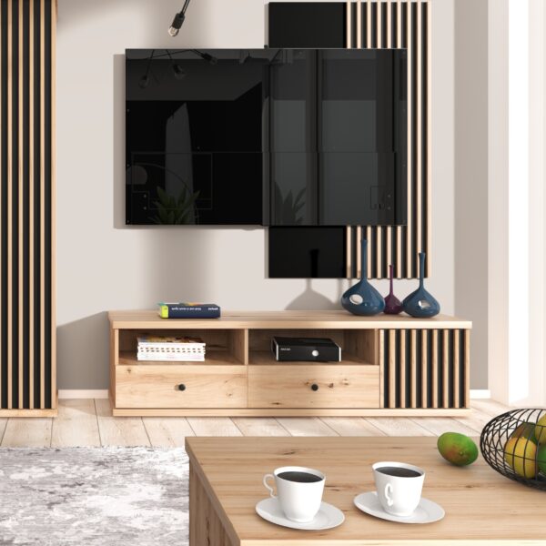 TV Cabinet NAKUSP - Oak - Slats - Drawer - 124 x 44 x 41 cm - Image 2