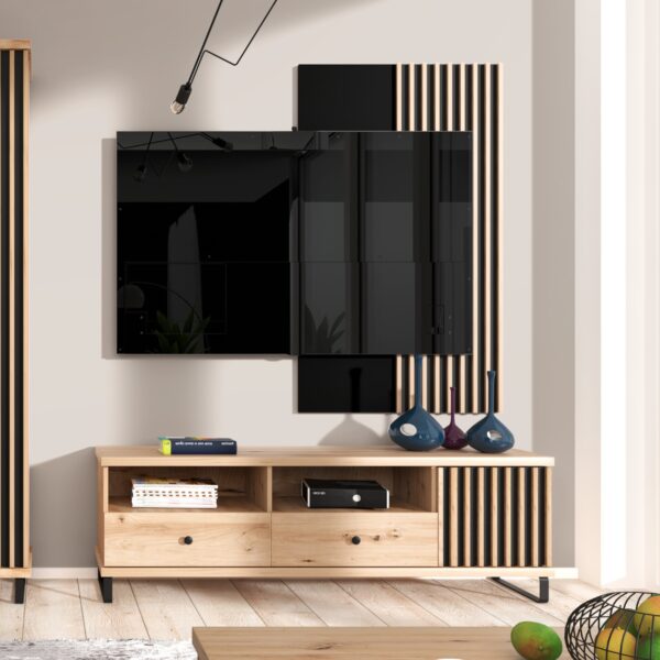 TV cabinet NAKUSP - Oak - Slats - Drawer - Metal Legs - 124 x 44 x 41 cm - Image 2
